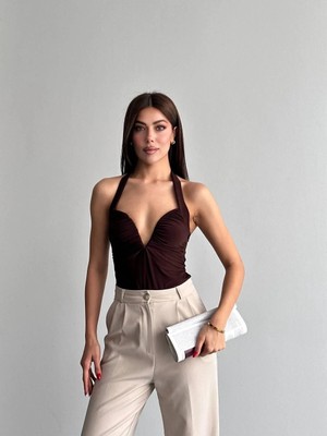 Shopping Shop Göğsü Oval Demir Bodysuit KAHVE