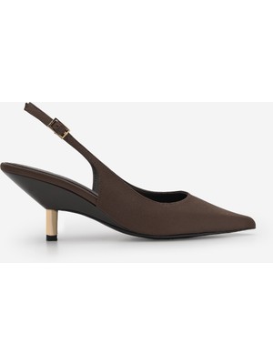 Marjin Kadın Stiletto Sivri Burun Arkası Açık Altın Metal Ökçe Klasik Topuklu Ayakkabı Rente Kahve Saten