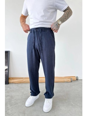 HAFKA Lacivert Beli Lastikli Keten Pantolon