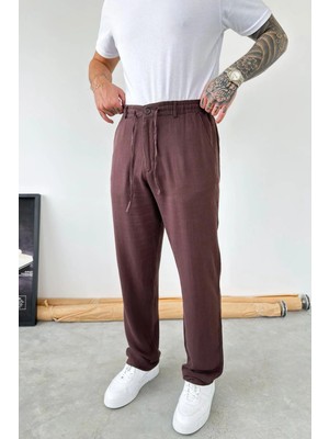 HAFKA Kahverengi Beli Lastikli Keten Pantolon