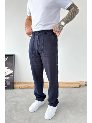 HAFKA Lacivert Basic Baggy Keten Pantolon