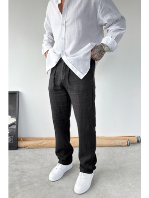 HAFKA Siyah Basic Baggy Keten Pantolon