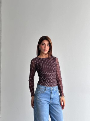 Shopping Shop Beli Büzgülü Puantiyeli Bluz KAHVE