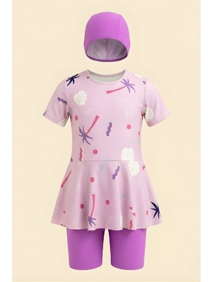 Modanino Kız Çocuk 3'lü Mayo Takımı (Tunik Boy Üst+Diz Boy Alt ve Bone) 7-16 Yaş 12600B