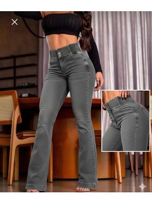 Butik Kadın Yüksek Bel Yanları Lastikli Ispanyol Paça Jean Pantolon