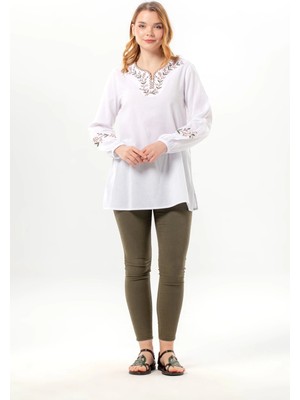 Eliş Şile Bezi Uzun Kol Nevin Nakış Detaylı V Yaka Yazlık Şile Bezi Otantik Bluz Beyaz Byz