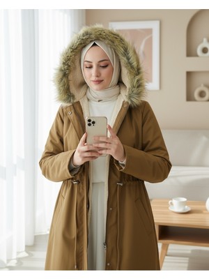 Moda Morfo İçi Peluşlu Sabit kapşonlu Tünel Bağcıklı Uzun Mont  -Taba