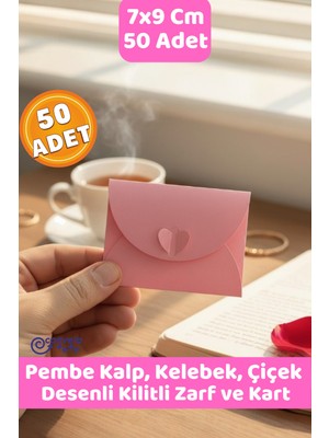 Canvela 50 Adet 7x9 cm Pembe Zarf Kalp Çiçek Kelebek Kilitli Mini Hediye Zarfı ve Kart Seti
