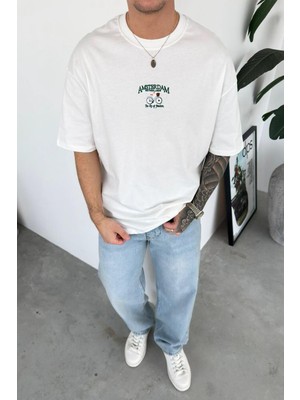 HAFKA Beyaz Amsterdam Nakış Detay Oversize Tişört