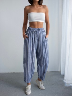 Bejna Kadın Çizgili Keten Görünümlü Balon Pantolon