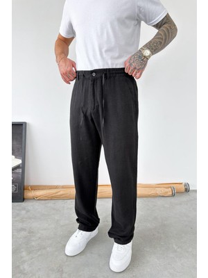 HAFKA Siyah Beli Lastikli Keten Pantolon