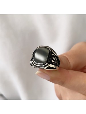 Simurg Jewellery Gümüş Harfli Oniks Taşlı Gümüş Erkek Yüzük