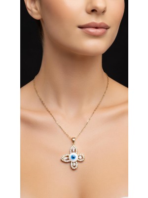 Stainless Steel Nazarlı Çiçekli Kolye