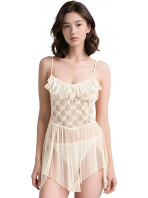 Pileli Store Fildişi Tül Mini Gecelik Zarif Kadın Gece Elbisesi