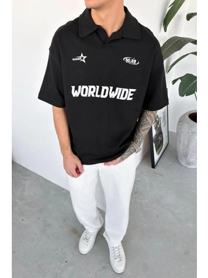 HAFKA Siyah World Wide Baskılı Polo Yaka Tişört