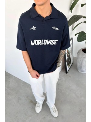 HAFKA Lacivert World Wide Baskılı Polo Yaka Tişört