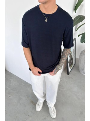 HAFKA Lacivert Basic Soft Likralı Relaxed Triko Tişört