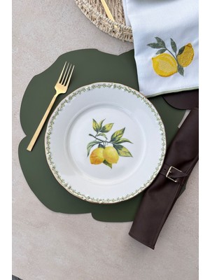 PremiumPort Yeşil Bahçe Mat Altın Yaldızlı 25 cm 6 Kişilik Limon Desenli Porselen Takımı