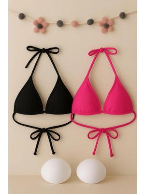 Pileli Store Kadın Siyah ve Fuşya Minimal Kesim Üçgen Bikini Üstü
