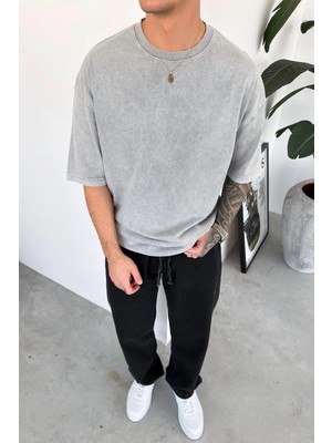 HAFKA Açık Gri Basic Yıkamalı Oversize Tişört