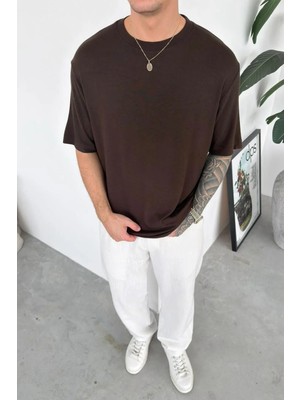 HAFKA Kahverengi Basic Soft Likralı Relaxed Triko Tişört