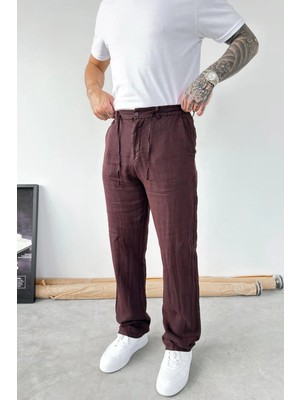 HAFKA Kahverengi Basic Baggy Keten Pantolon