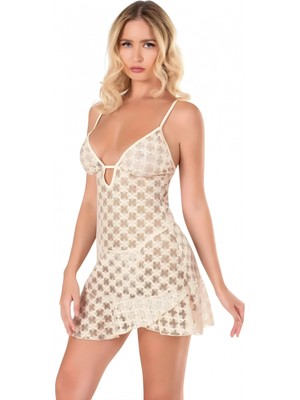 Pileli Store Fildişi Tül Mini Gecelik Zarif Kadın Gece Elbisesi