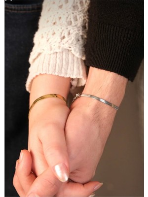 Pigna Aksesuar Sevgili Çift Bilekliği Italyan Zincir Gümüş Kaplama Çelik Kadın ve Erkek Set