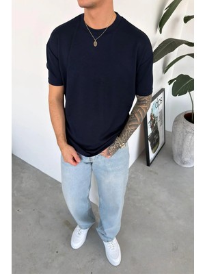 HAFKA Lacivert Basic Oysh Kumaş Relaxed Tişört