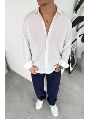 HAFKA Beyaz Fitilli Basic Relaxed Gömlek