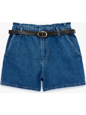 Koton Yüksek Bel Cepli Pamuklu Kemerli Denim Şort