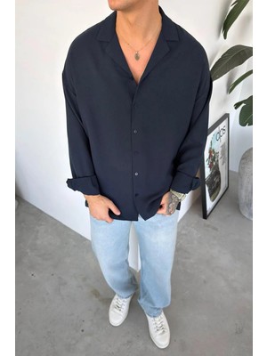 HAFKA Lacivert Basic Dokulu Relaxed Gömlek