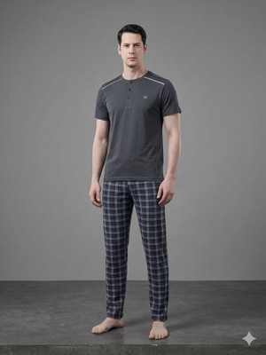 Over Sleep Erkek Kısa Kollu Pijama Takımı Düğmeli Yaka Şık ve Rahat