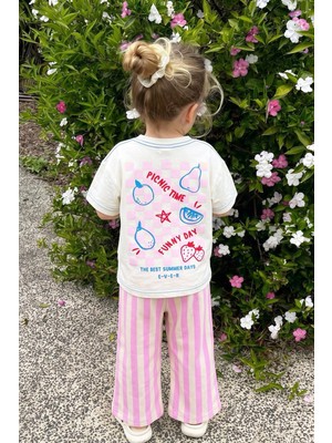 Monila Kız Çocuk Pamuklu Ekru Meyve Baskılı T-Shirt ve Pembe Çizgili Eşofman Alt Üst Takım