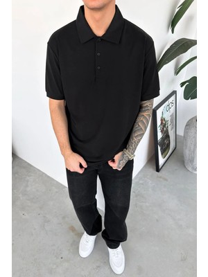HAFKA Siyah Modal Kumaş Relaxed Polo Yaka Tişört