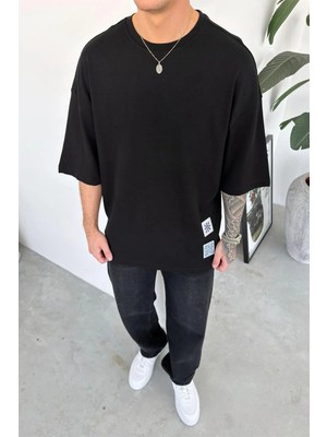 HAFKA Siyah Your Tum Nakış Detay Oversize Tişört