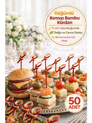 Toyfest 50’li Paket I 9 cm Düğümlü Kırmızı Bambu Kürdan Kokteyl Kürdan Sunum Çubuğu Aperatif Kürdan