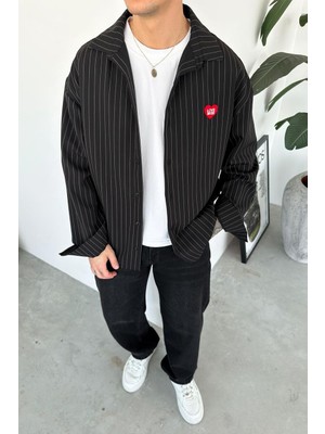 HAFKA Siyah Love Mod Nakışlı Çizgili Oversize Gömlek