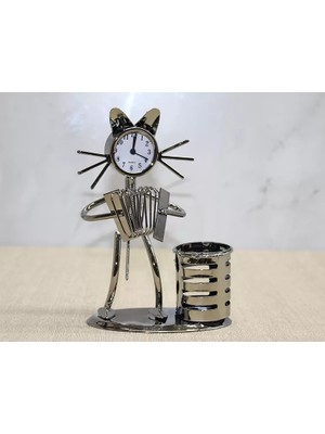 Venüs Shopping Metal Akordiyon Çalan Müzisyen Kedi Saat ve Kalemlik