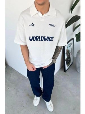 HAFKA Beyaz World Wide Baskılı Polo Yaka Tişört