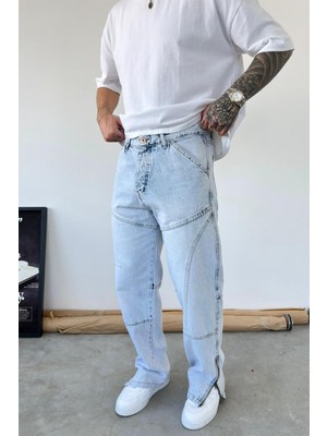 HAFKA Buz Mavi Tasarım Paça Fermuar Detay Baggy Pantolon