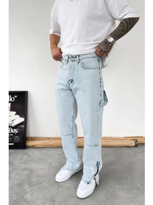 HAFKA Buz Mavi Paça Fermuar Detay Baggy Pantolon