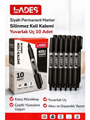 TeknoKapsül Lades Siyah Permanent Marker Silinmez Koli Kalemi Yuvarlak Uç 10 Adet