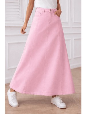 Vellichor Paraçlı Uzun Denim Etek - Pembe