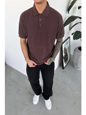 HAFKA Kahverengi Modal Kumaş Relaxed Polo Yaka Tişört
