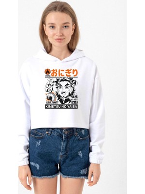 Tshirthane Demon Slayer Anime Super Yummy Beyaz Optik Kadın Crop Kapşonlu