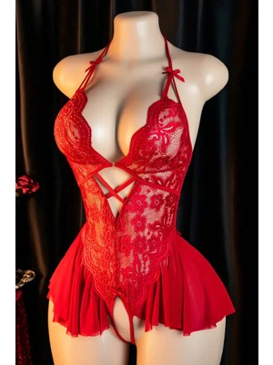 Intive Lingerie Kadın Kırmızı Dantel ve Tül Detaylı Derin V Yaka Teddy Gecelik