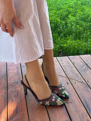 Erva'nın Butiği Kahve (Livia) Çiçek Nakış Detay Topuklu Kadın Stiletto