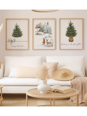 Voba Store 3 Parça Yılbaşı Çam Ağacı Konseptli Çerçeve Görünümlü Mdf Tablo Seti- 112