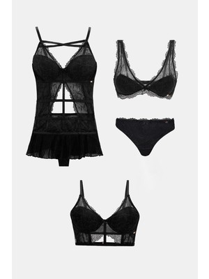 Amarelle Roma Siyah Dantelli Sütyen Babydoll Külot 4 Parça Çeyiz Seti